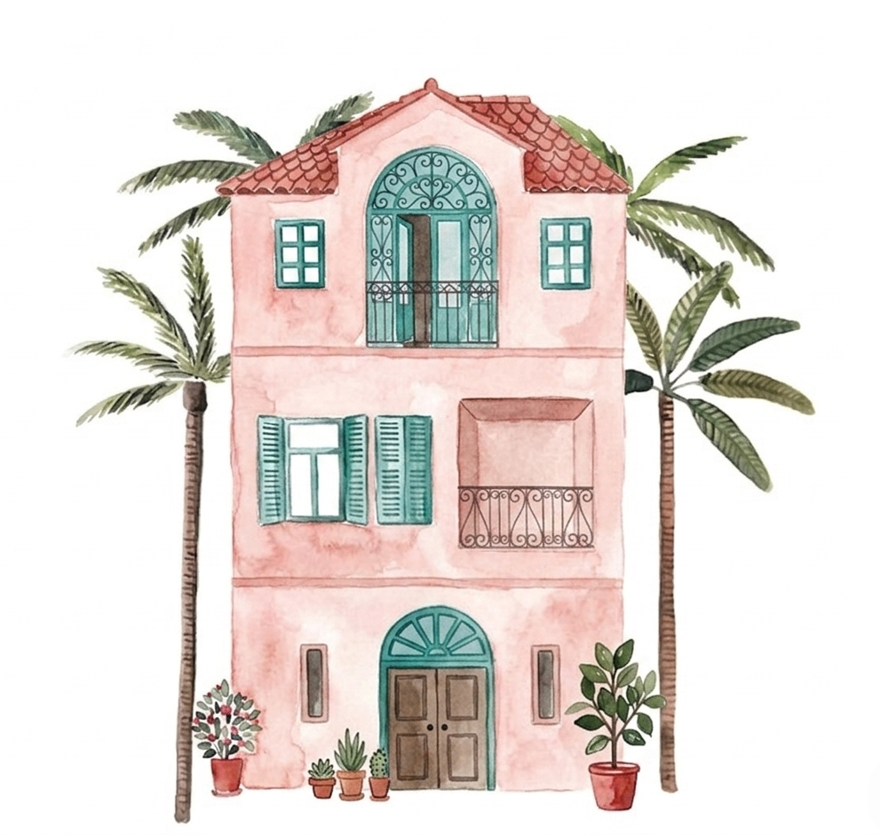 Illustration of a pink house with green shutters and palm trees on a white background